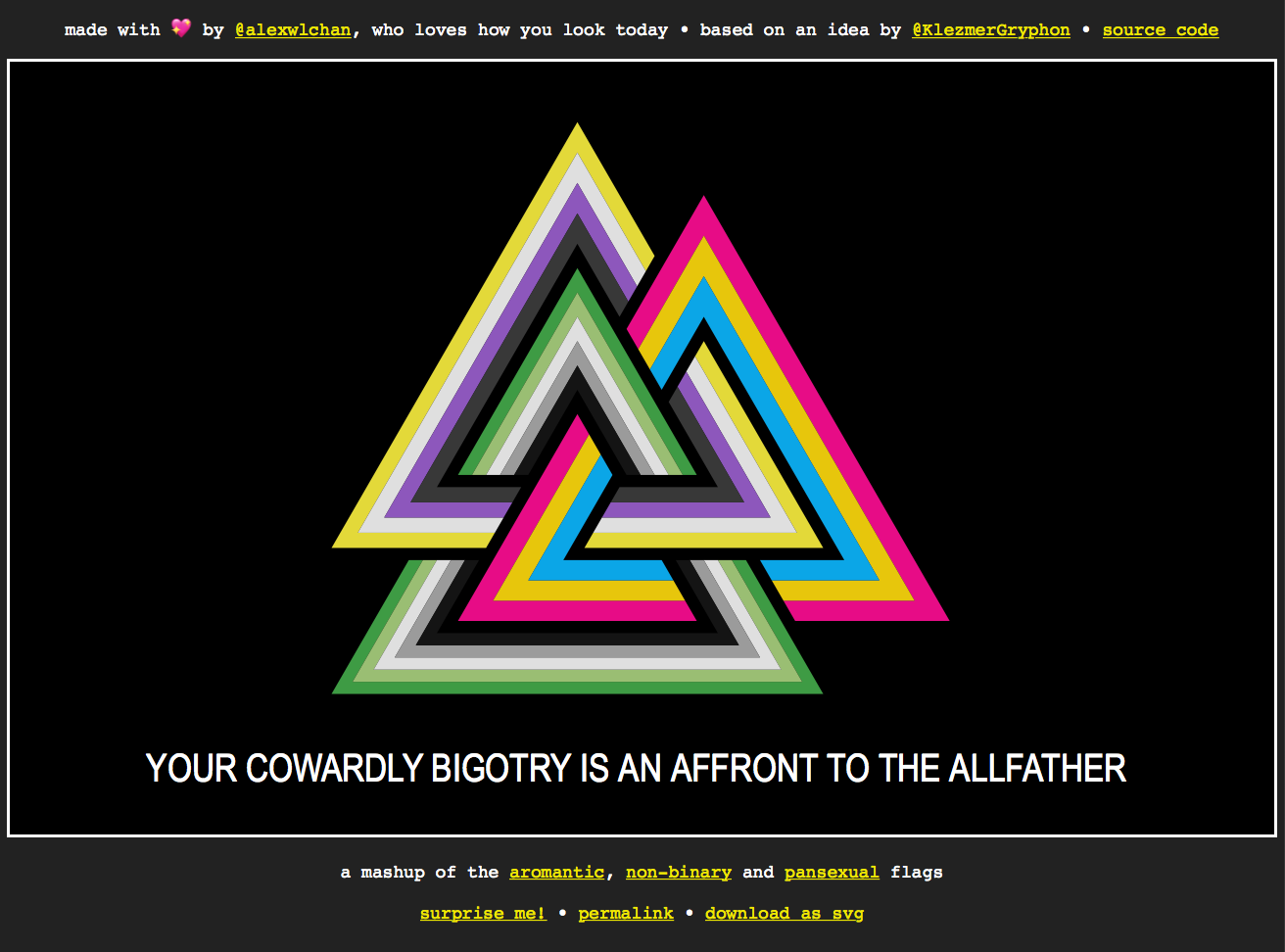 Three interlocking triangles, made from the stripes of the non-binary (yellow, white, purple, black), pansexual (pink, yellow, blue) and aromantic (green, grey, white, black) pride flags.